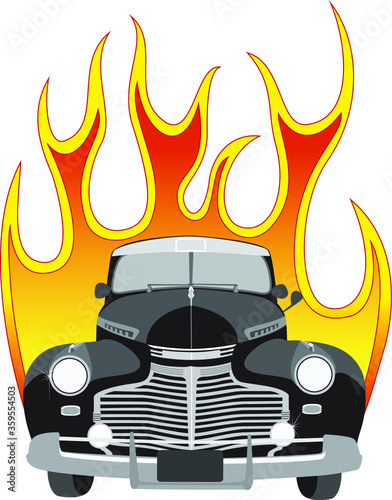 Vector illustration of the front view of a 1940's classic black coupe with flames in back.