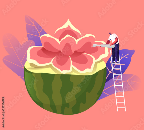 Tiny Male Character Stand on Ladder Carving Flower of Huge Watermelon. Fruits and Vegetable Carve Craft. Traditional Thailand Art, Creative Hobby, Food Sculptures Creation. Cartoon Vector Illustration