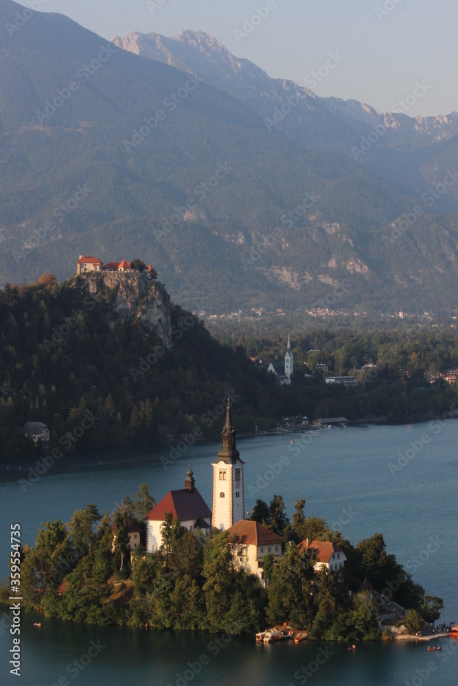 View of Bled island, Bled castle and mountains in background