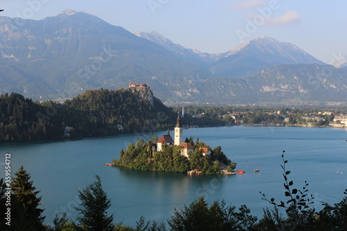 Beautiful landscape of island, lake and mountains in Bled Slovenia
