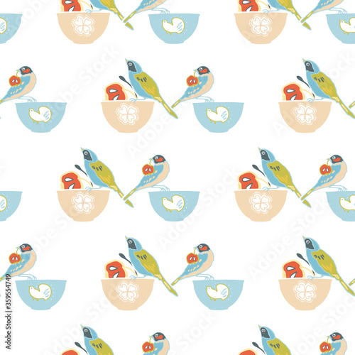 Vector geometric vintage kitchen bowl pattern, cute birds and bowl, trendy design on white background. Retro vintage. Seamless vector pattern. For fabric, wallpaper, giftwrap or postcard design