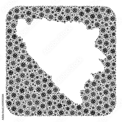 Flu virus map of Bosnia and Herzegovina mosaic created with rounded square and subtracted space. Vector map of Bosnia and Herzegovina mosaic of virus ojects in variable sizes and gray color hues.