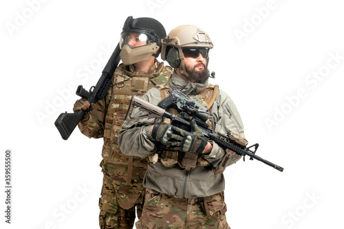 American special forces. two soldiers in military equipment with weapons on a white background, USA Army