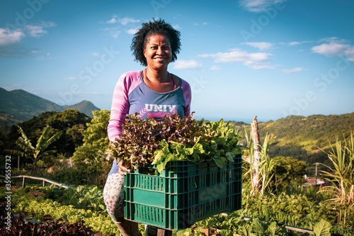 Portrait of proud organic farmer woman from a quilombola community harvesting vegetables. Bio food gathering in a sunny day and blue sky.