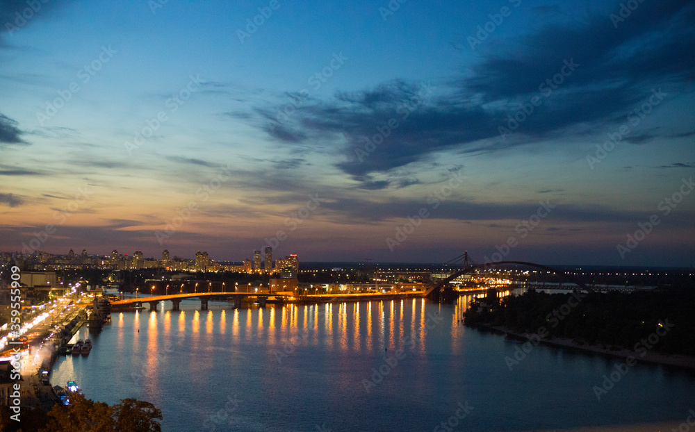 sunset over the Dnipro river in Kiev capital city of Ukraine before the war