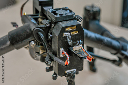 Closeup of electrical connections of disassemble unmanned aerial vehicle