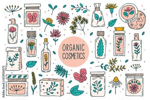 Natural organic cosmetics with plants  doodle vector clipart, big set of elements. Isolated on white background. Organic, eco friendly ingredients, natural cure. Vegan cosmetics. Sticker, icon.