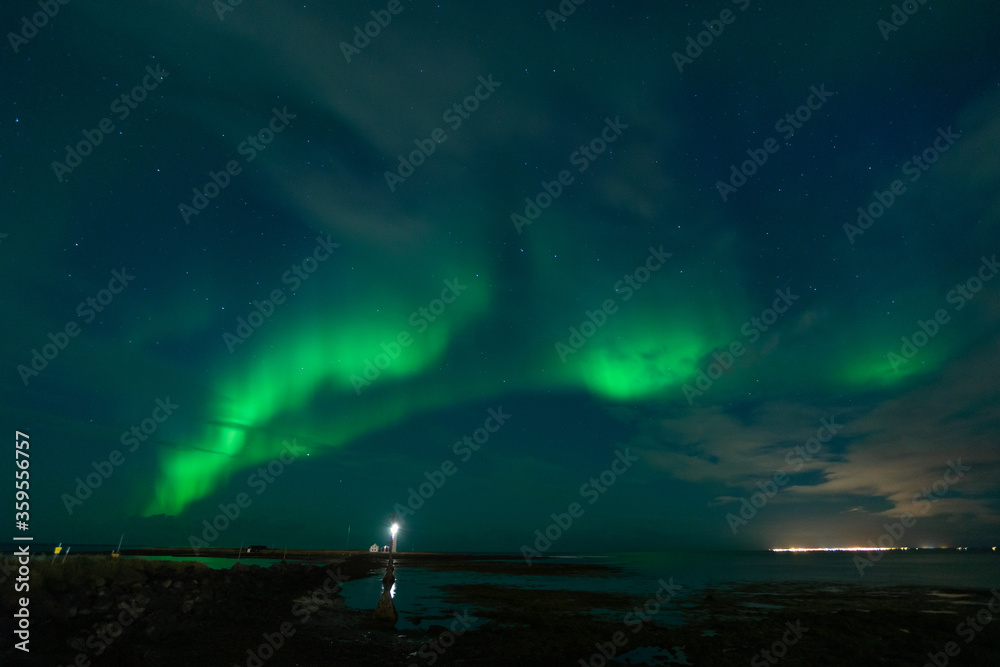 Northern Lights at Grótta Island lighthouse near Reykjavik