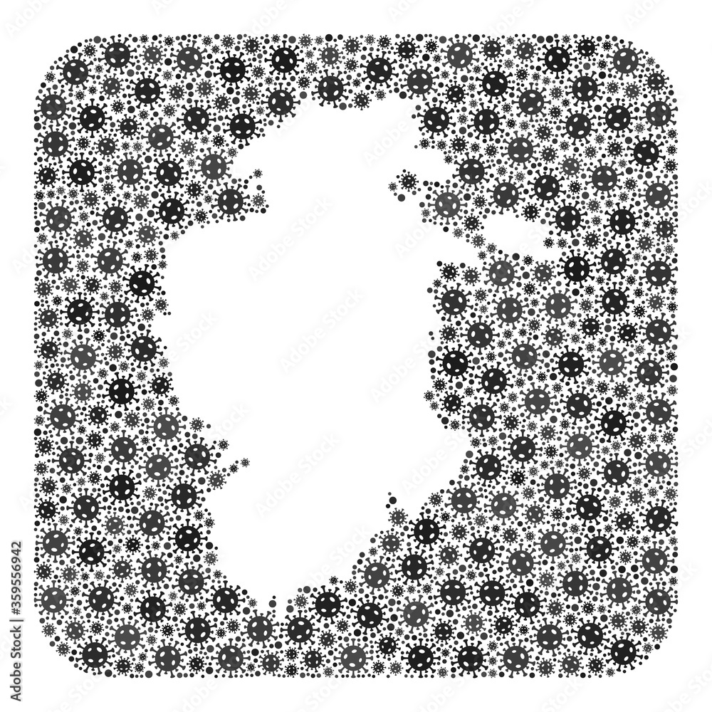 Covid-2019 virus map of Burgos Province mosaic designed with rounded square and subtracted space. Vector map of Burgos Province collage of covid-2019 ojects in various sizes and gray color hues.