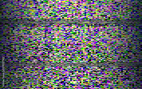 Glitch pixel noise with vhs retro distortion. Analog video effect. Old TV concept with horizontal lines. Color screen template. Channel error texture. Vector illustration