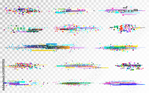 Glitch set on transparent backdrop. Digital distortion collection. Color pixel noise. No signal templates. Video data error. Futuristic disintegration template. Vector illustration
