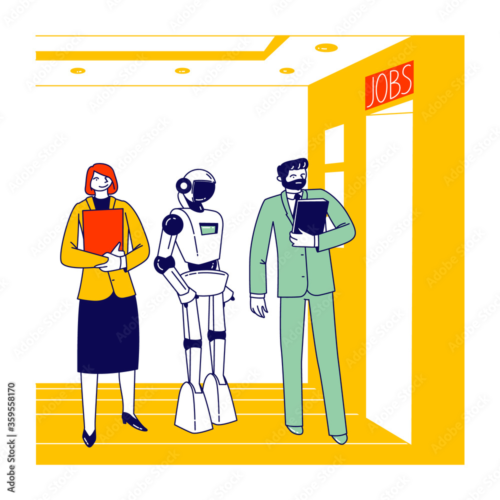 Robot and Human Competition. Job Seekers Characters and Cyborg Waiting Work Interview at Office Hall. Automation, Futuristic Technologies and Artificial Intelligence. Linear People Vector Illustration
