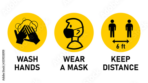 Round Instruction Signs with Basic Set of Measures against the Spread of Coronavirus Covid-19 including Wash Hands, Wear a Mask and Keep Distance 6 ft or 6 Feet. Vector Image.