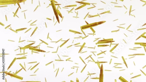 Slow motion looping CG animation of 50mm bullets falling.