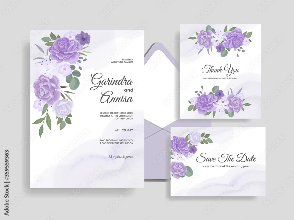    Wedding invitation card template set with beautiful  floral leaves Premium Vector