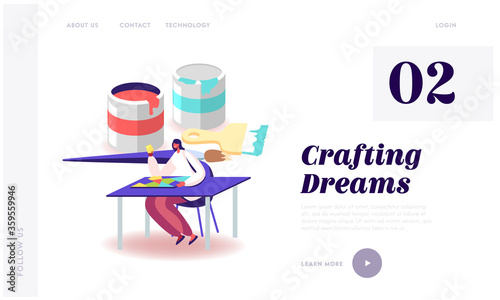 Stained Glass Producing Manufacture, Handmade Hobby, Antique Craft Landing Page Template. Female Character Assemble Colorful Glass Pieces at Huge Paint Buckets and Brush. Cartoon Vector Illustration