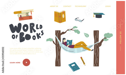 Reading Hobby and Leisure Landing Page Template. Female Character Relaxing Lying in Hammock Hanging at Trees and Read Book. Girl Prepare for University Exams, Recreation. Linear Vector Illustration