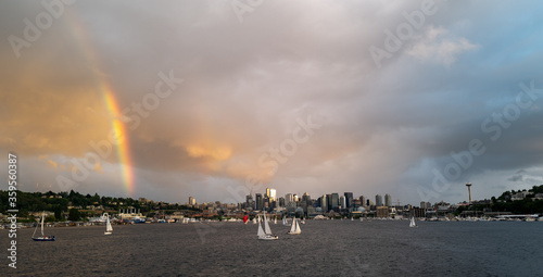Sailboats on Lake Union at Sunset with the Seattle Skyline from Gas Works Park