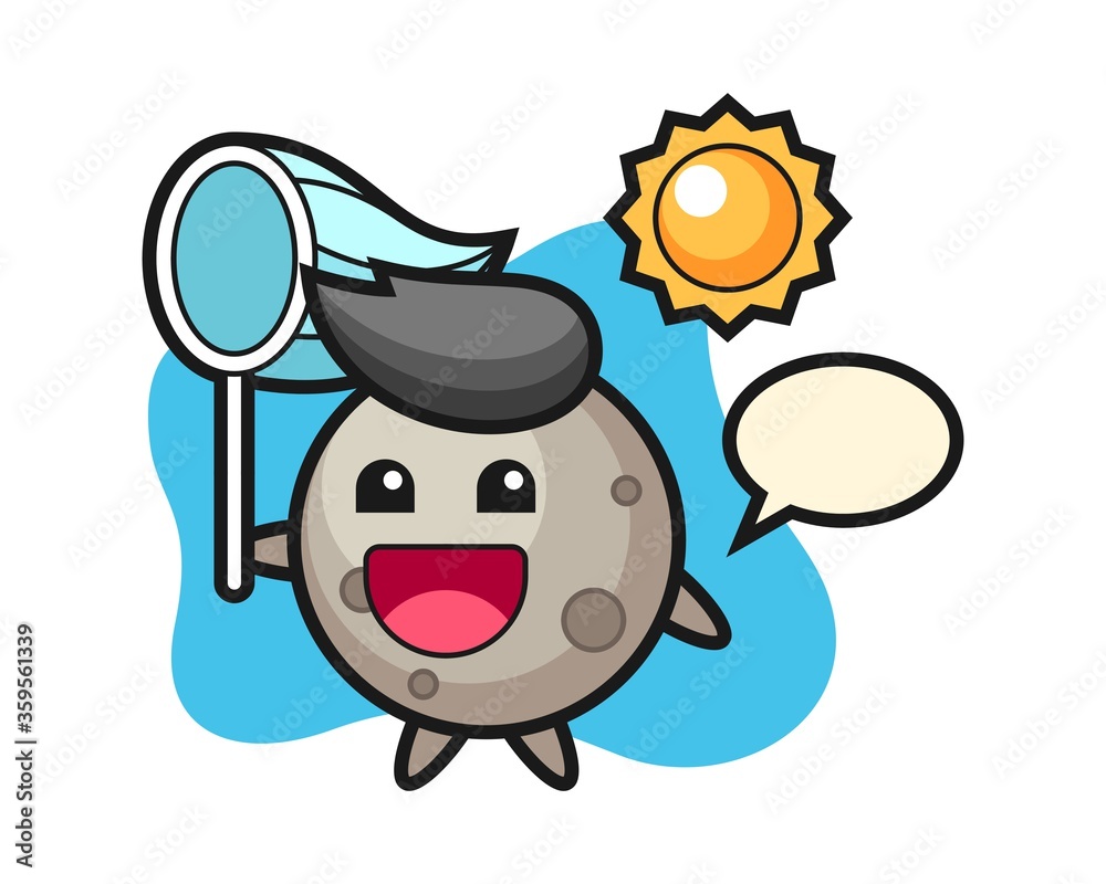 Moon cartoon is catching butterfly Moon cartoon is catching butterfly