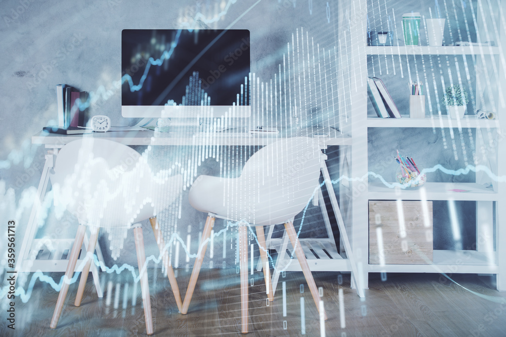 Multi exposure of stock market chart drawing and office interior background. Concept of financial analysis. Multi exposure of stock market chart drawing and office interior background. Concept of financial analysis.