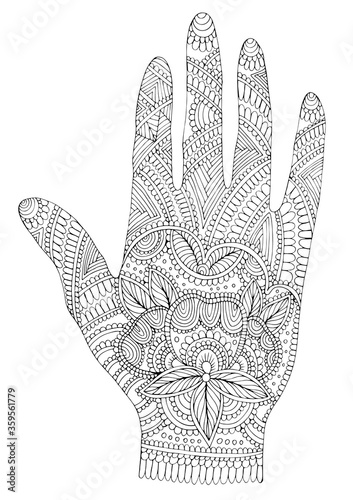 Vector drawn tattooed arm with a flower and weave patterns. Ornamental decorated graphic illustration yoga hand. Design card, print on t-shirt. Pattern Coloring page, mehndi decoration hand