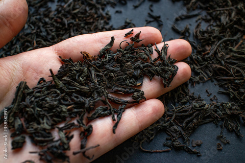 Delicious Ceylon, fresh, large leaf black tea on the fingers. Black background. High quality photo