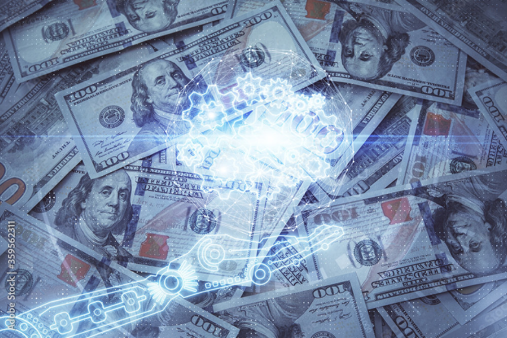 Double exposure of data theme drawing over us dollars bill background. Technology concept. Double exposure of data theme drawing over us dollars bill background. Technology concept.