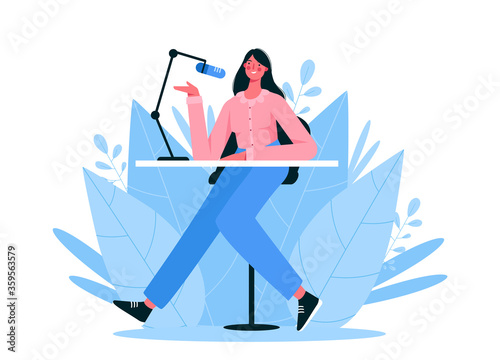 Live streaming, broadcast, radio host flat vector illustration. Female podcaster, broadcaster, blogger cartoon character. Interview, podcast, audio recording in studio.