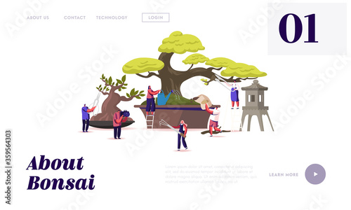 Bonsai Growing Landing Page Template. Tiny Characters Enjoying Hobby Caring, Pruning and Trimming Bonsai Trees. Plants Gardening, Traditional Asian Art, Culture. Cartoon People Vector Illustration