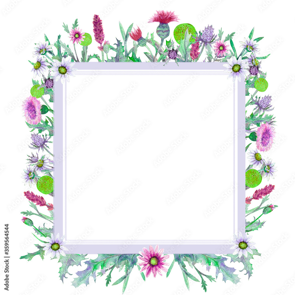 Square flower frame. Romantic wreath. Think happy. Business card templates. Wildflowers in watercolor. Square flower frame. Romantic wreath. Think happy. Business card templates. Wildflowers in watercolor.