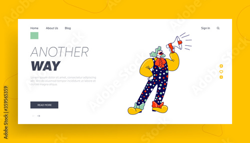 Big Top Tent Artist Announcement Landing Page Template. Animator Male Character in Funny Clown Suit, Huge Boots, Curly Green Wig and Red Neck Tie Yelling in Loudspeaker. Linear Vector Illustration