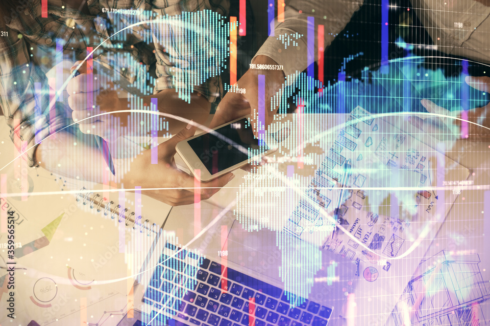 Double exposure of business theme drawing and man and woman working together holding and using a mobile device. Double exposure of business theme drawing and man and woman working together holding and using a mobile device.