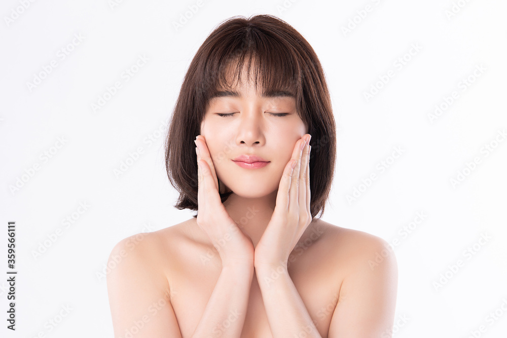 Beautiful Young asian Woman touching her clean face with fresh Healthy Skin, isolated on white background, Beauty Cosmetics and Facial treatment Concept Beautiful Young asian Woman touching her clean face with fresh Healthy Skin, isolated on white background, Beauty Cosmetics and Facial treatment Concept