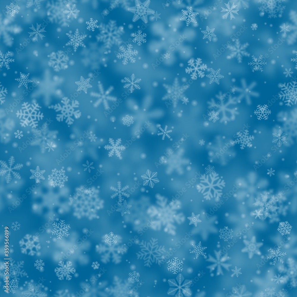 Christmas seamless pattern of snowflakes of different shapes, sizes, blur and transparency on light blue background