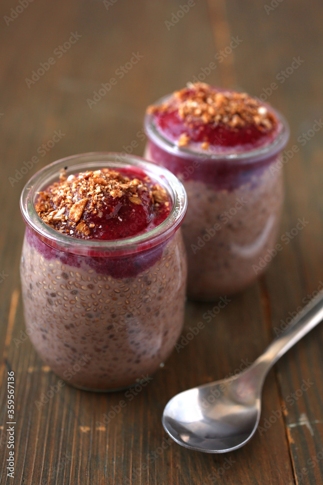 Chocolate chia pudding in a glass jar Chocolate chia pudding in a glass jar