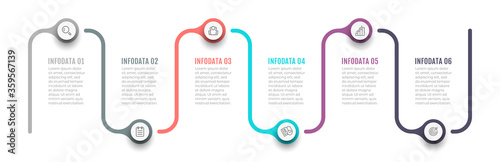 Business timeline infographic template design with icons and 6 options or steps. Can be used for workflow diagram, road map, annual report.