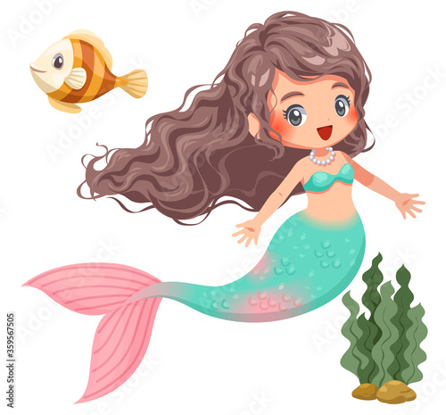 Vector illustration of cute mermaid, fish, and algae 