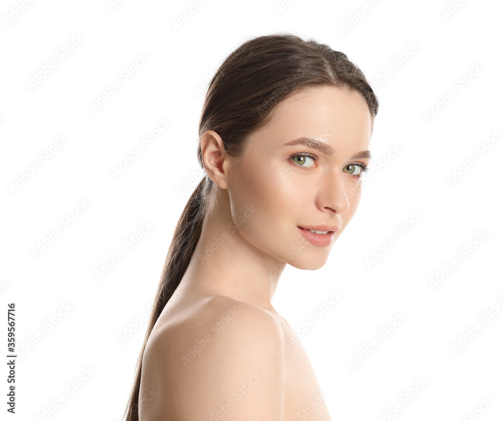 Portrait of young woman with beautiful face on white background Portrait of young woman with beautiful face on white background