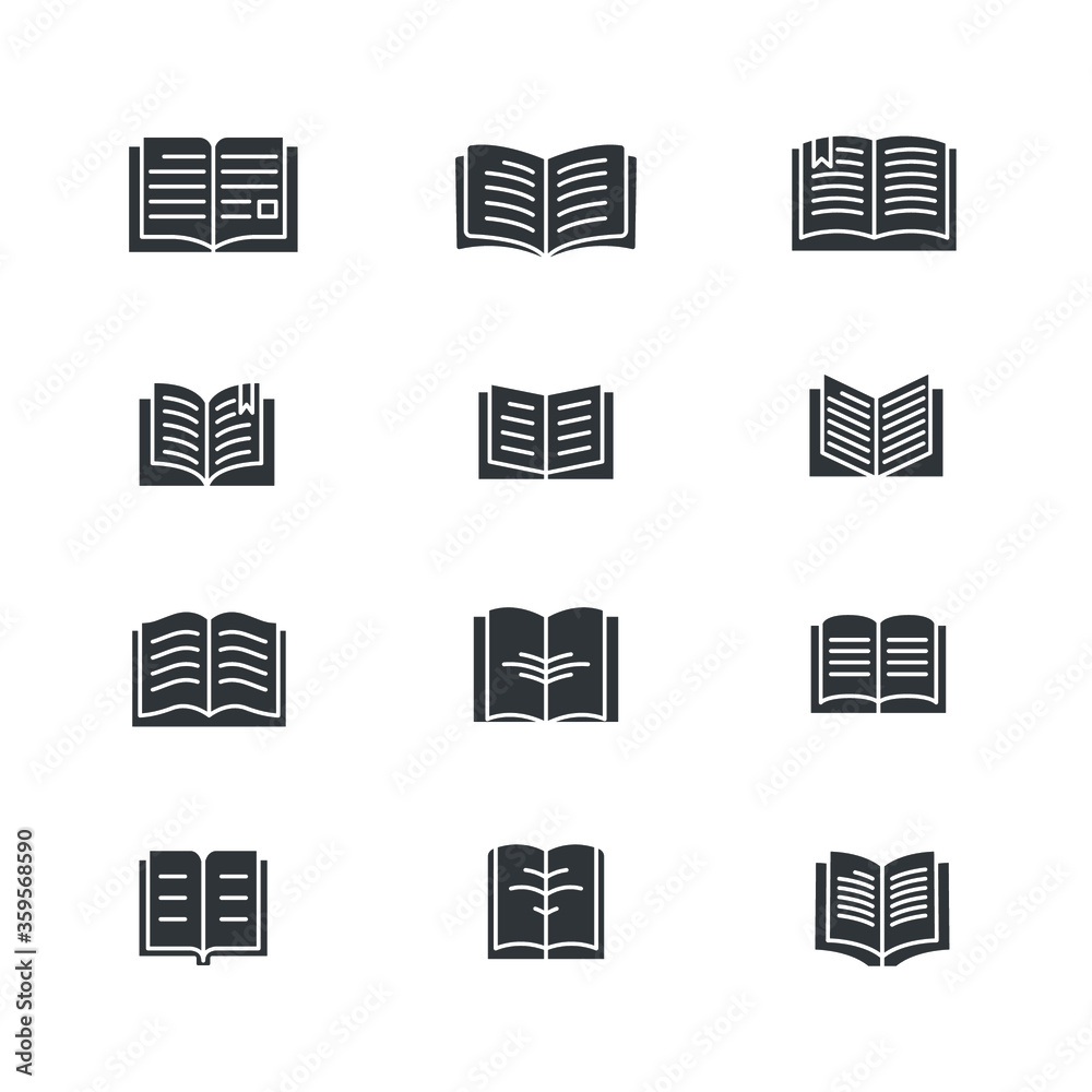 Set of book icon design vector template. Solid style. EPS 10. Set of book icon design vector template. Solid style. EPS 10.