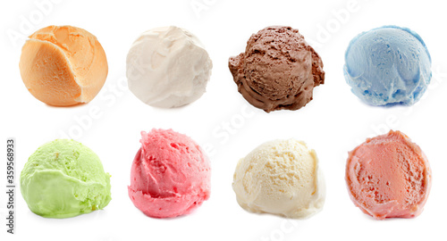 Set with scoops of different ice creams on white background. Banner design