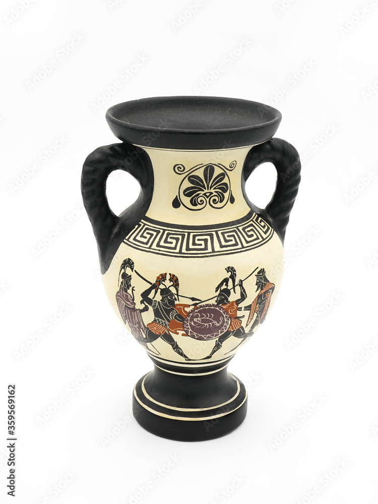 A hand painted clay Greek vase with war scene.