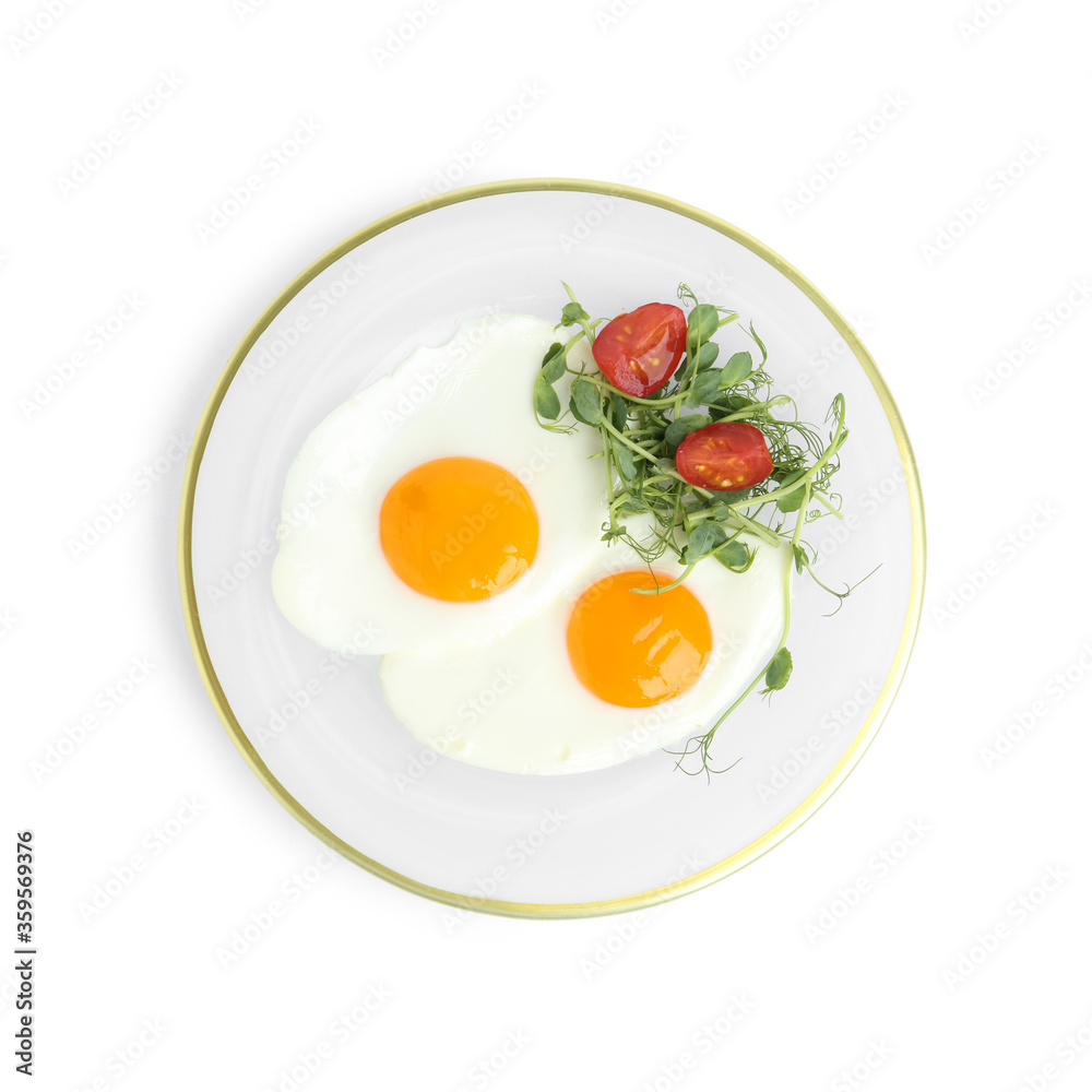 Tasty fried eggs with tomato and sprouts isolated on white, top view Tasty fried eggs with tomato and sprouts isolated on white, top view