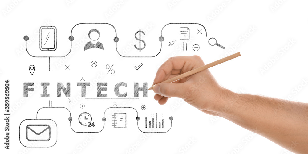 © New Africa - Man drawing word Fintech and scheme on white background, closeup