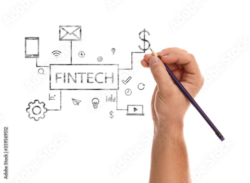 Fintech concept. Man drawing scheme and on white background, closeup
