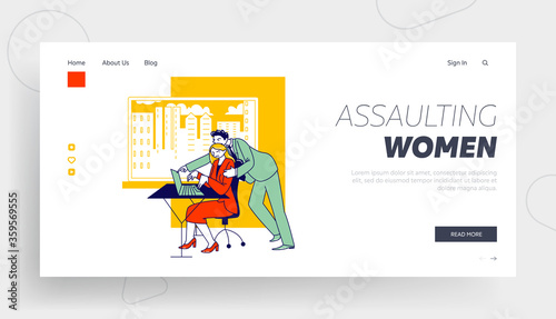 Sexual Assault, Harassment Landing Page Template. Company Boss Character Put Hand on Woman Shoulder at Workplace. Secretary Office Girl Victim of Lascivious Exaction. Linear People Vector Illustration photo
