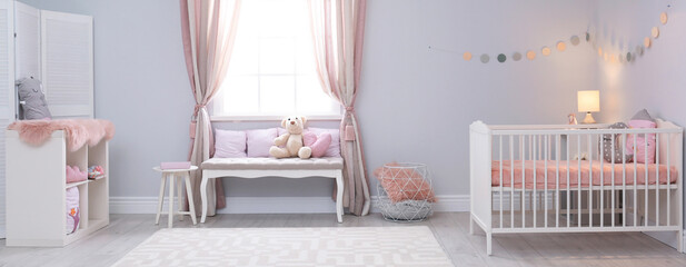 Baby room interior with comfortable crib. Banner design