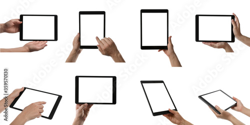 Collage with photos of people holding tablet computer on white background, closeup. Banner design