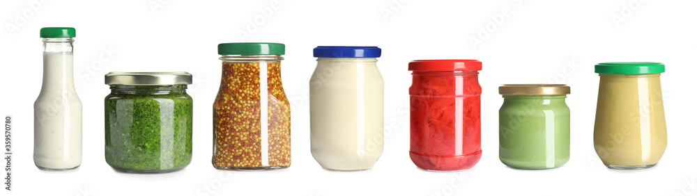 Set with delicious sauces in glassware on white background. Banner design Set with delicious sauces in glassware on white background. Banner design