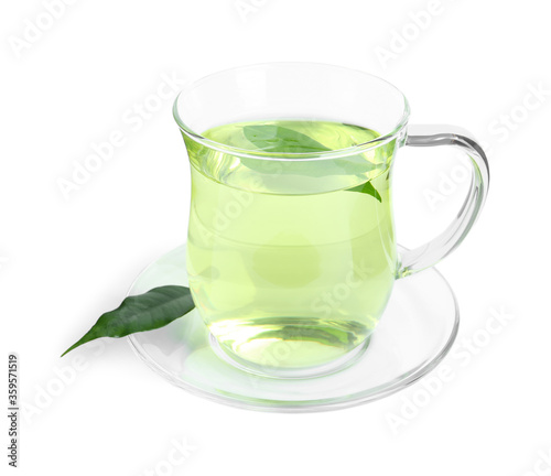 Cup of aromatic green tea with leaves isolated on white
