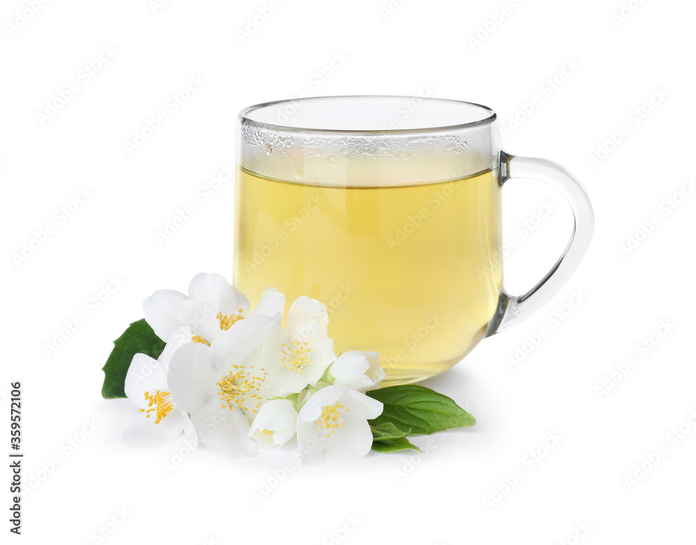 Cup of tea and fresh jasmine flowers isolated on white